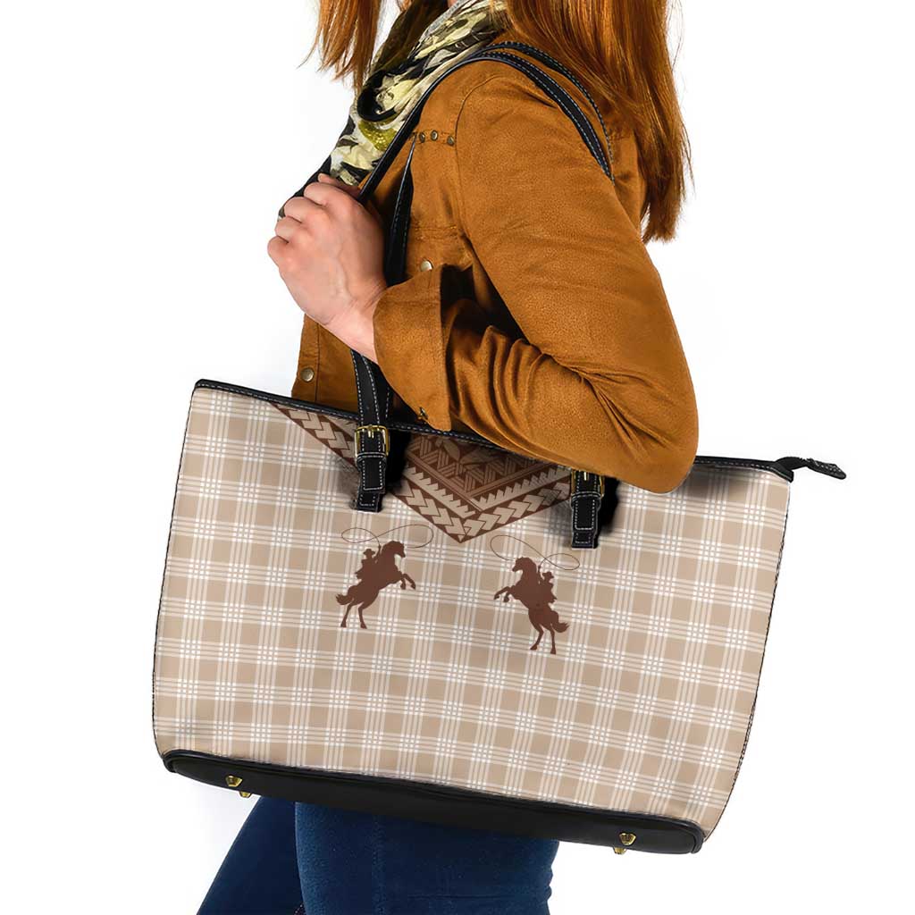 Aloha Hawaii Cowboys Paniolo Leather Tote Bag Beige Palaka LT7 Beige - Polynesian Pride