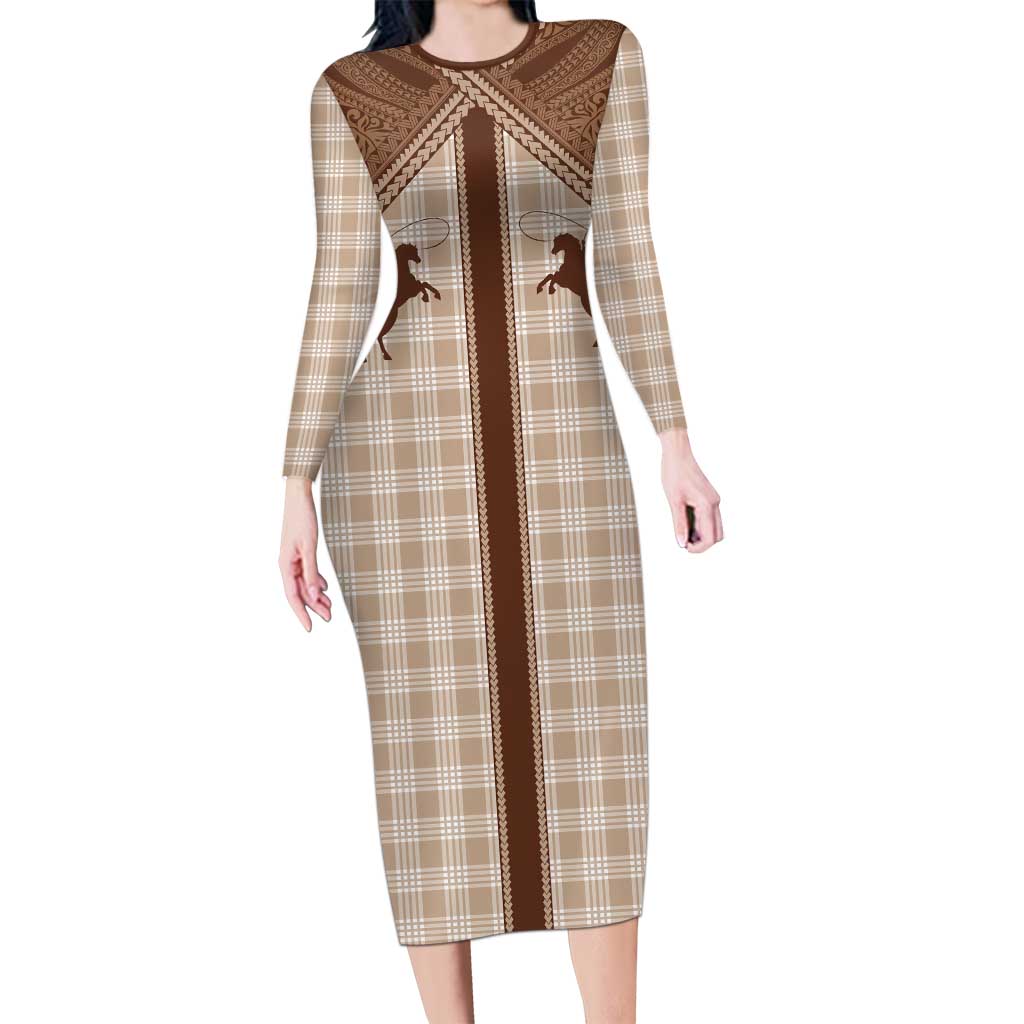 Aloha Hawaii Cowboys Paniolo Long Sleeve Bodycon Dress Beige Palaka LT7 Long Dress Beige - Polynesian Pride