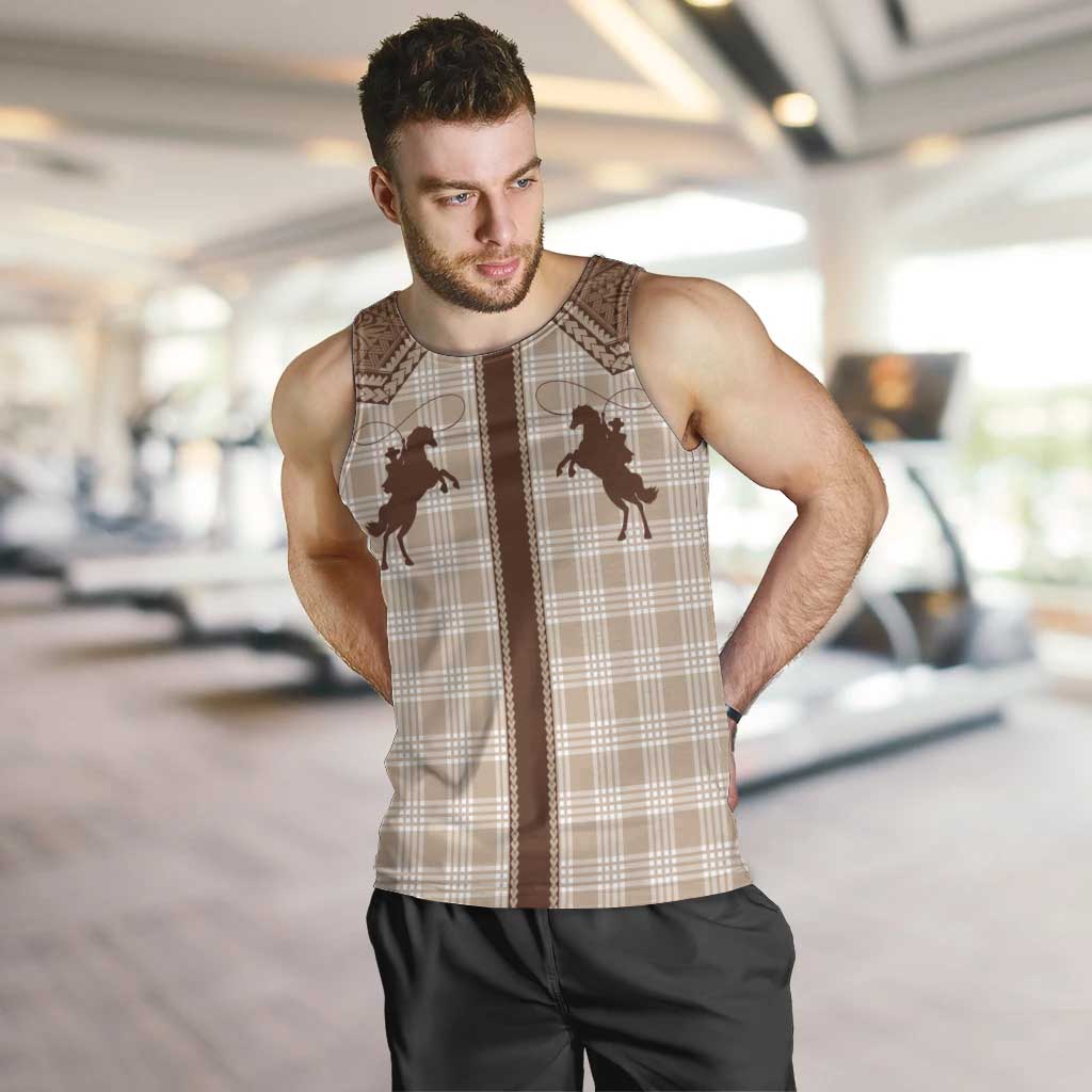 Aloha Hawaii Cowboys Paniolo Men Tank Top Beige Palaka LT7 Beige - Polynesian Pride