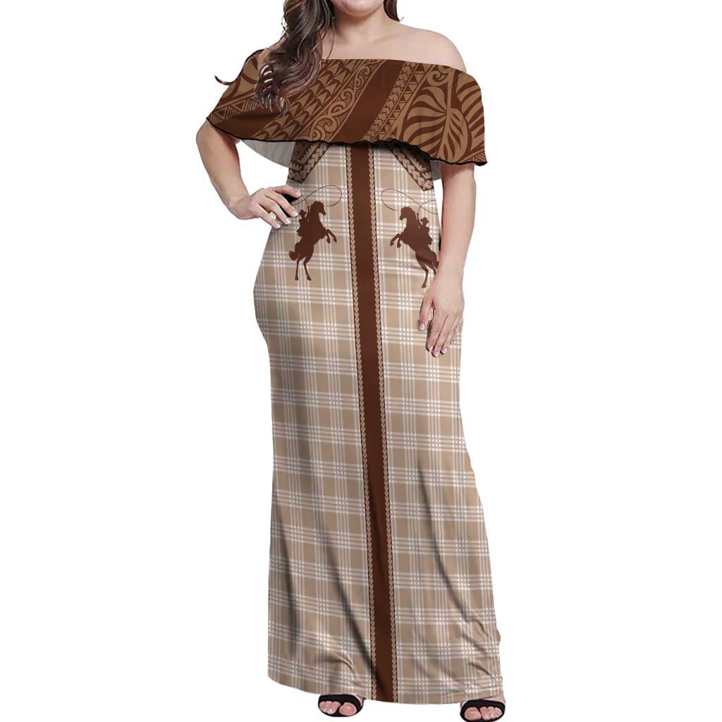 Aloha Hawaii Cowboys Paniolo Off Shoulder Maxi Dress Beige Palaka LT7 Women Beige - Polynesian Pride