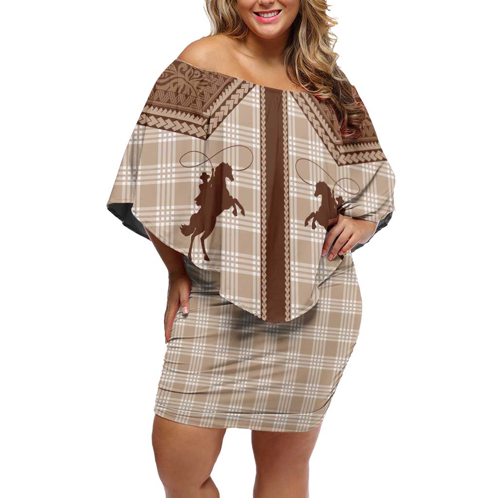 Aloha Hawaii Cowboys Paniolo Off Shoulder Short Dress Beige Palaka LT7 Women Beige - Polynesian Pride
