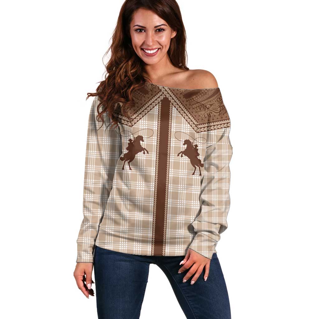Aloha Hawaii Cowboys Paniolo Off Shoulder Sweater Beige Palaka LT7 Women Beige - Polynesian Pride