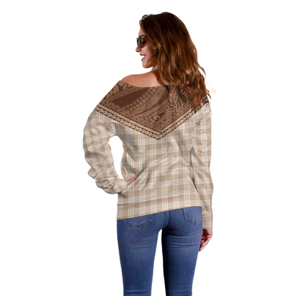 Aloha Hawaii Cowboys Paniolo Off Shoulder Sweater Beige Palaka LT7 - Polynesian Pride