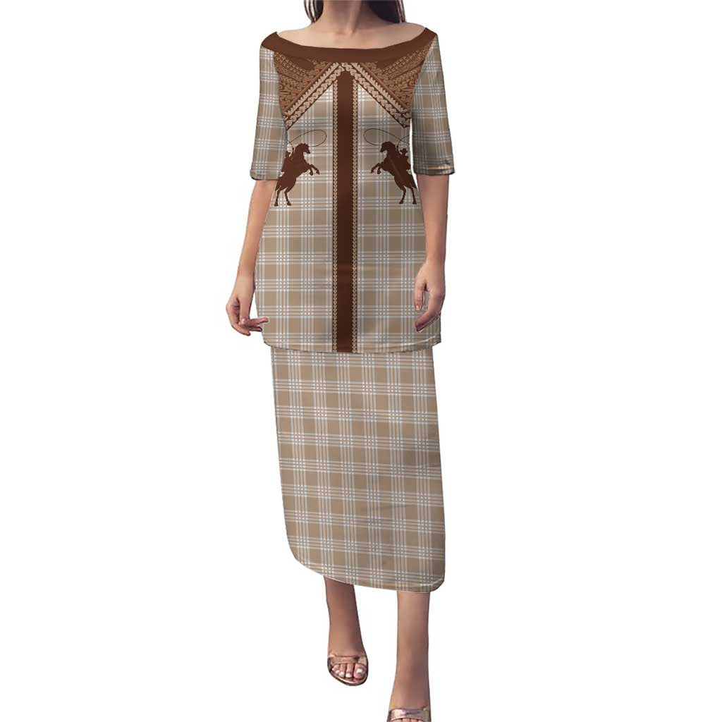 Aloha Hawaii Cowboys Paniolo Puletasi Beige Palaka LT7 Long Dress Beige - Polynesian Pride