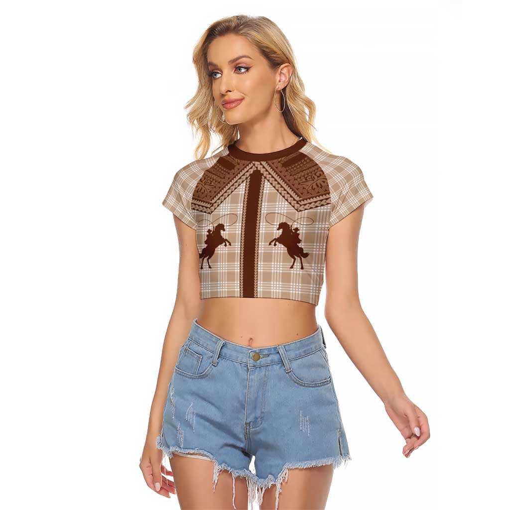 Aloha Hawaii Cowboys Paniolo Raglan Cropped T Shirt Beige Palaka LT7 Female Beige - Polynesian Pride