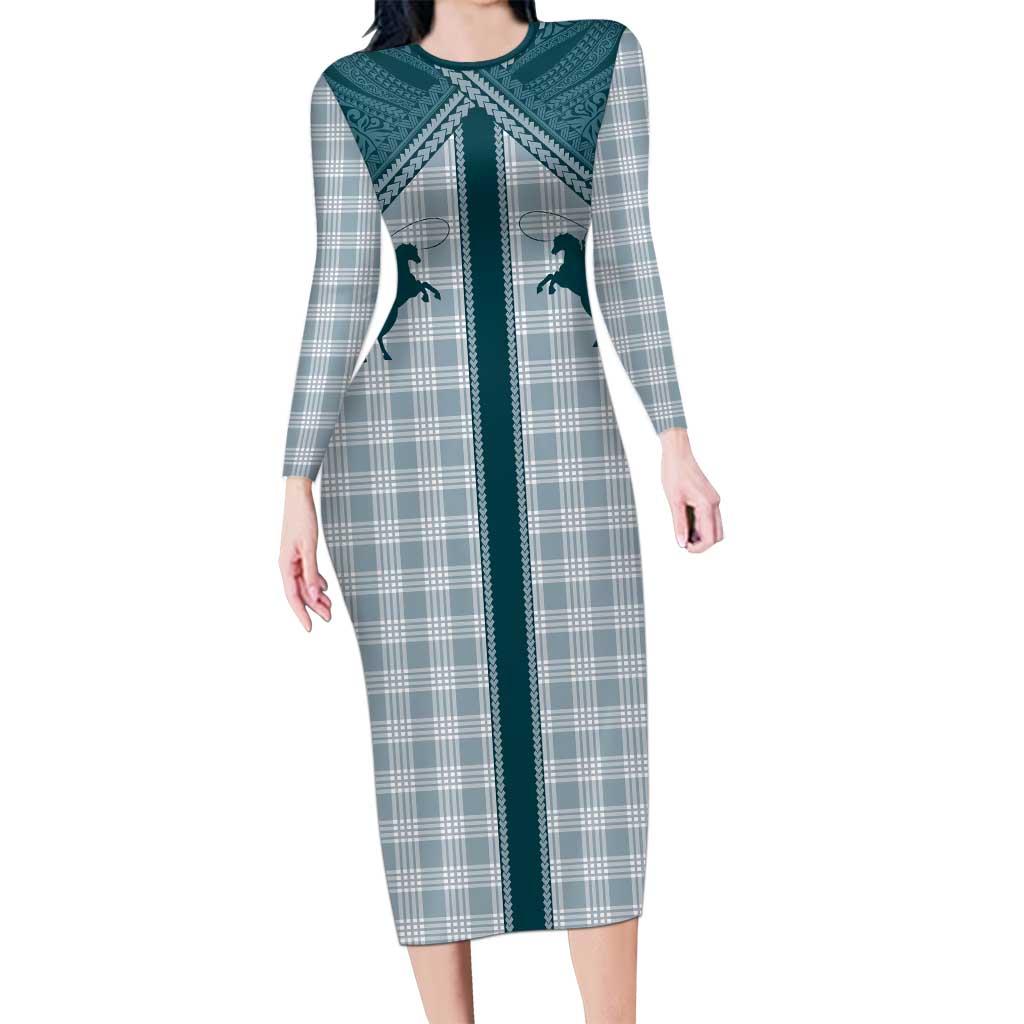 Aloha Hawaii Cowboys Paniolo Long Sleeve Bodycon Dress Teal Palaka LT7 Long Dress Teal - Polynesian Pride
