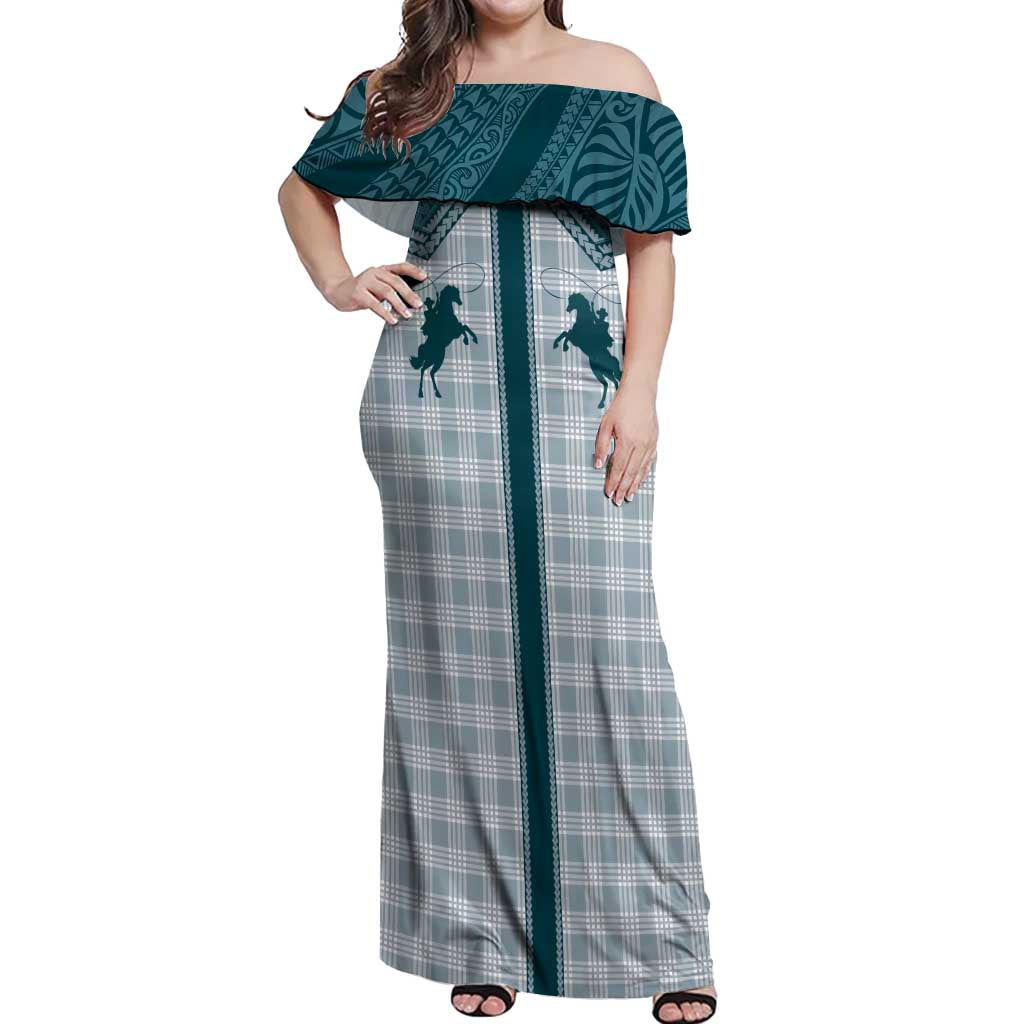 Aloha Hawaii Cowboys Paniolo Off Shoulder Maxi Dress Teal Palaka LT7 Women Teal - Polynesian Pride