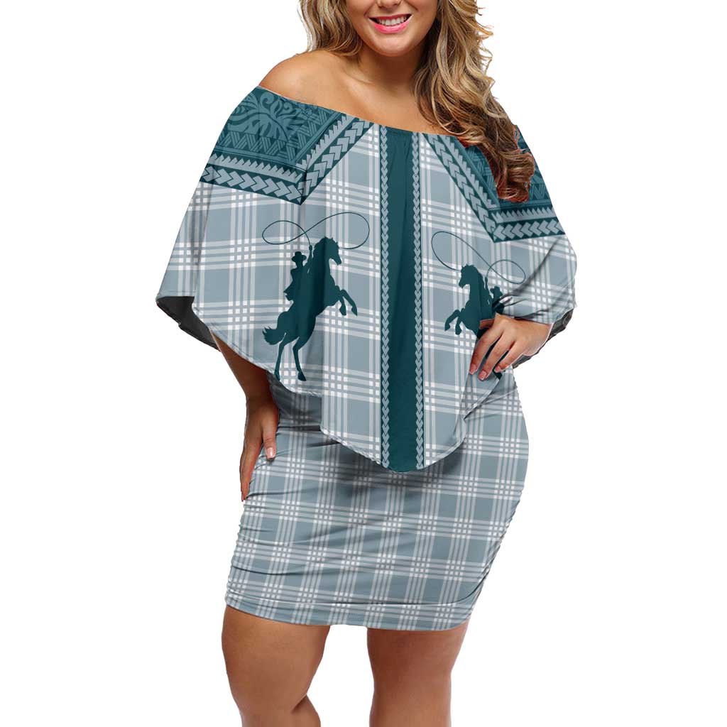 Aloha Hawaii Cowboys Paniolo Off Shoulder Short Dress Teal Palaka LT7 Women Teal - Polynesian Pride