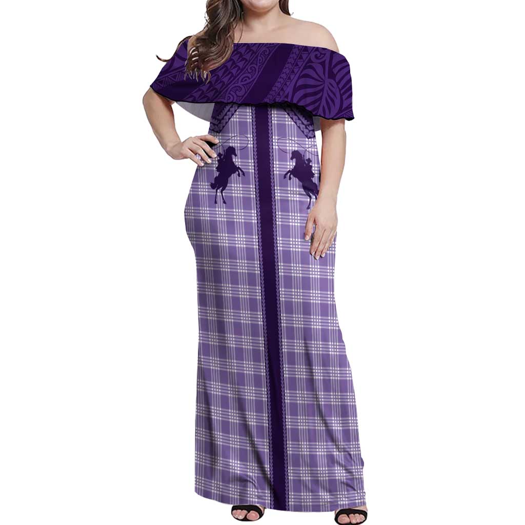 Aloha Hawaii Cowboys Paniolo Off Shoulder Maxi Dress Violet Palaka LT7 Women Purple - Polynesian Pride