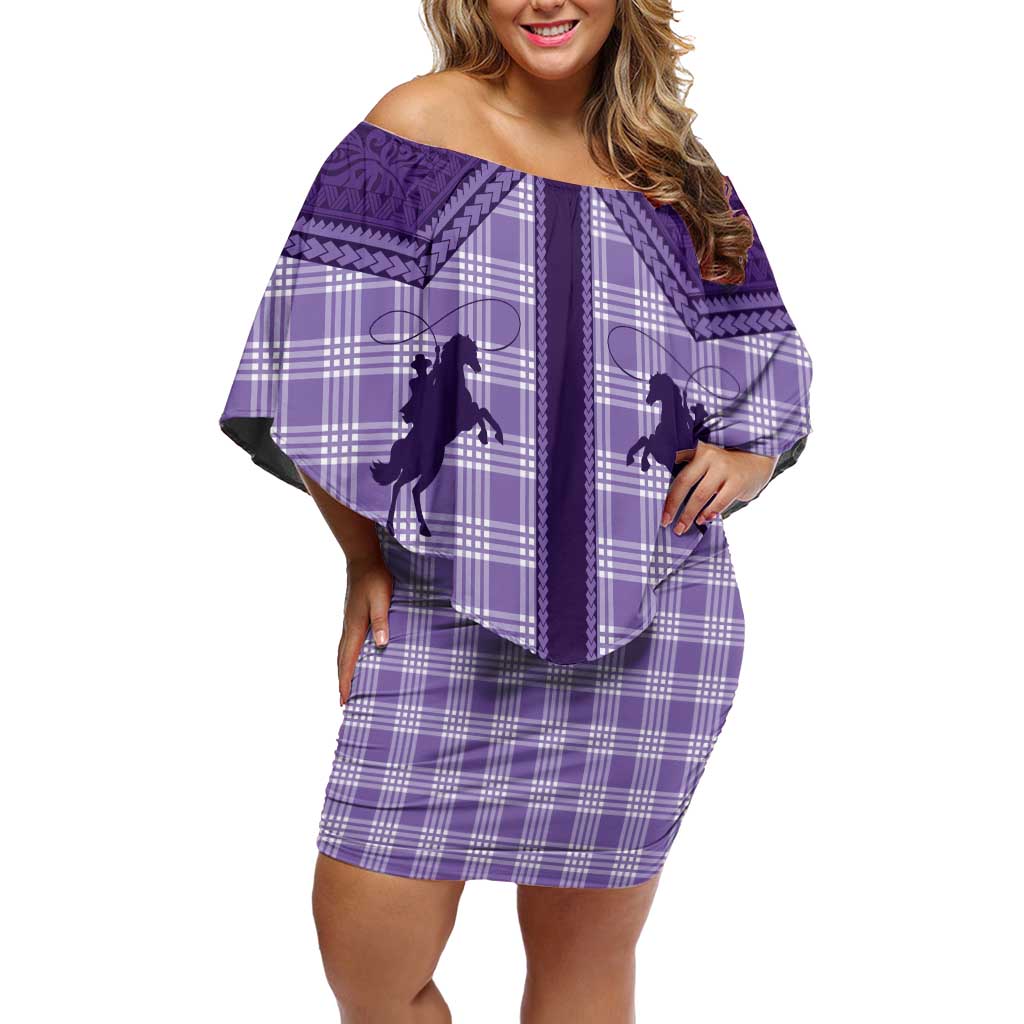 Aloha Hawaii Cowboys Paniolo Off Shoulder Short Dress Violet Palaka LT7 Women Purple - Polynesian Pride