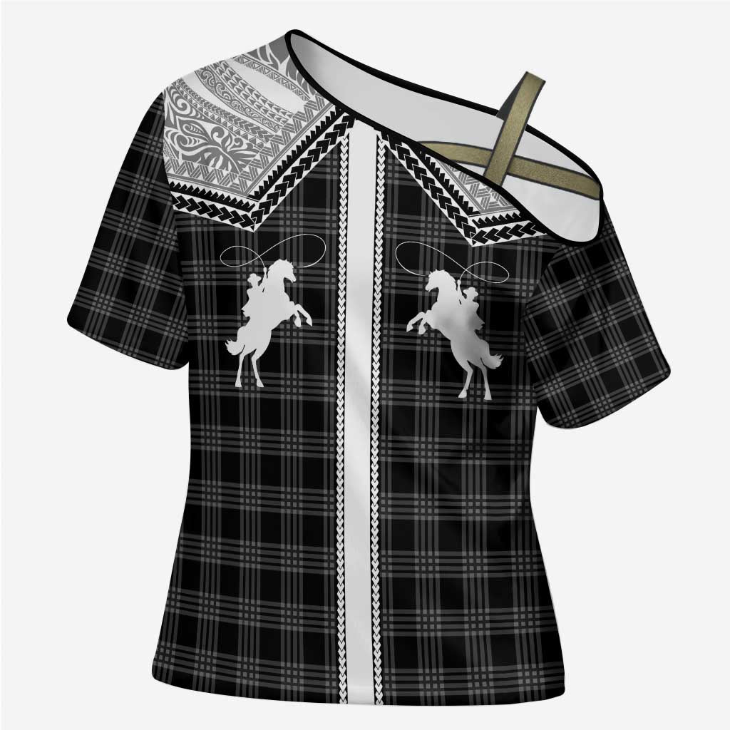 Aloha Hawaii Cowboys Paniolo Cross Shoulder Shirt Black Palaka LT7 Female Black - Polynesian Pride
