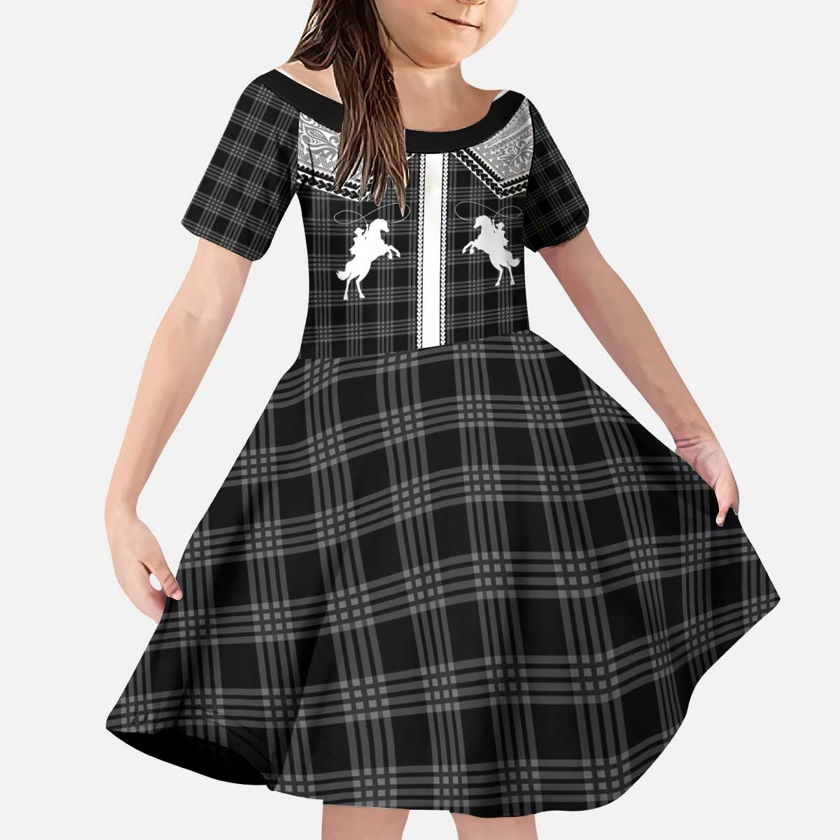 Aloha Hawaii Cowboys Paniolo Kid Short Sleeve Dress Black Palaka LT7 KID Black - Polynesian Pride