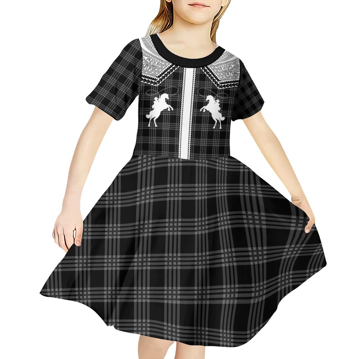 Aloha Hawaii Cowboys Paniolo Kid Short Sleeve Dress Black Palaka LT7 - Polynesian Pride