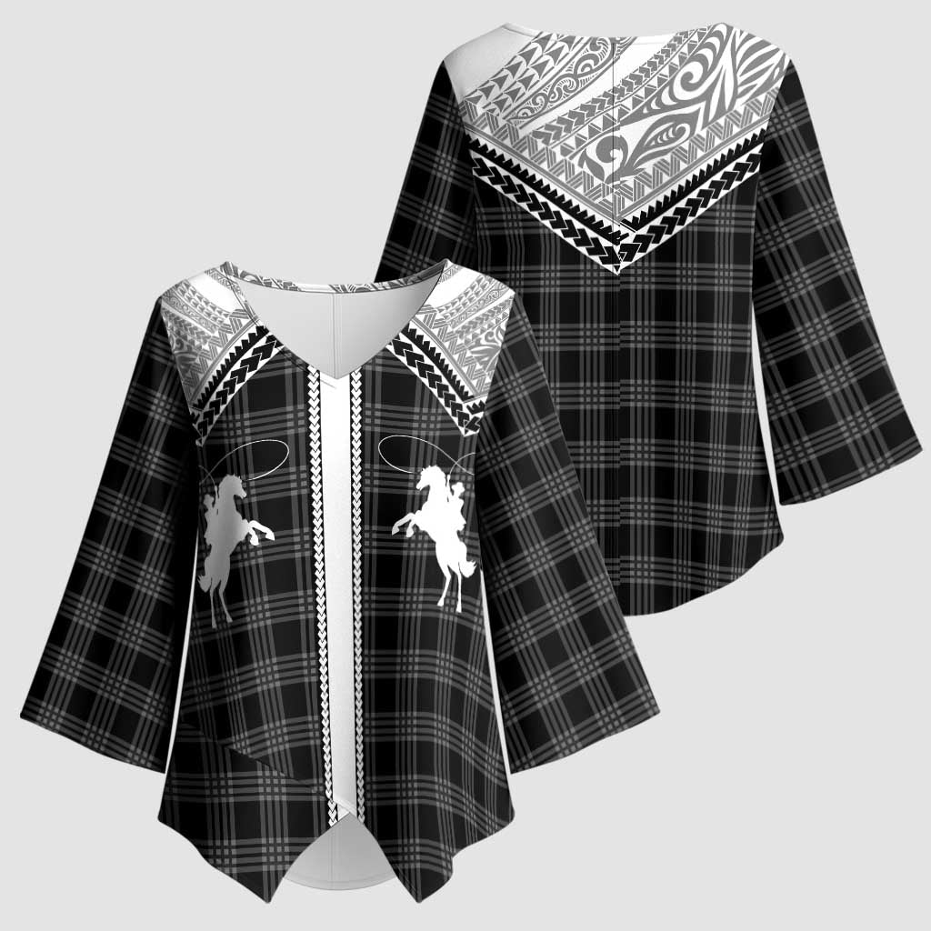 Aloha Hawaii Cowboys Paniolo Kimono Sleeve Blouse Black Palaka LT7 - Polynesian Pride