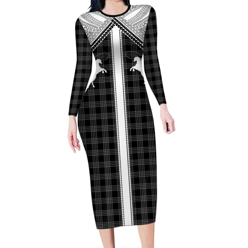 Aloha Hawaii Cowboys Paniolo Long Sleeve Bodycon Dress Black Palaka LT7 Long Dress Black - Polynesian Pride