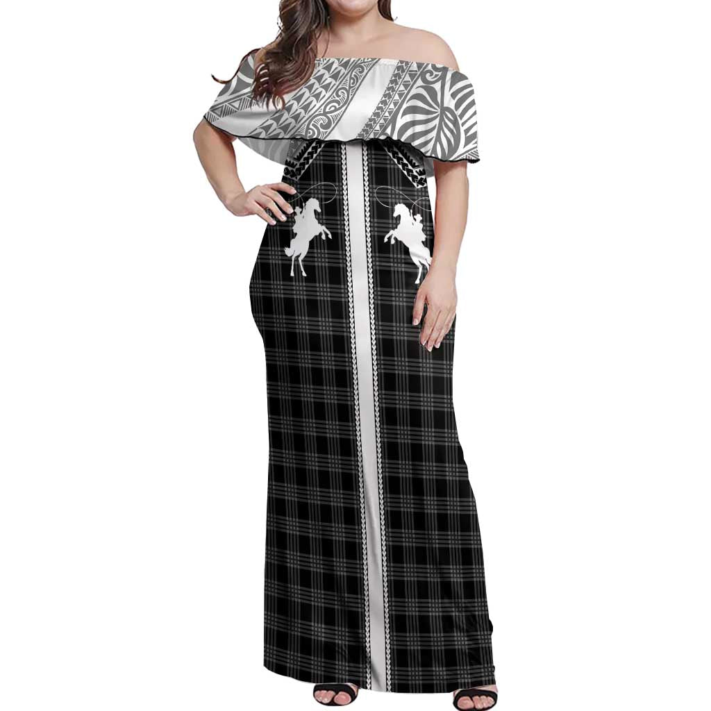 Aloha Hawaii Cowboys Paniolo Off Shoulder Maxi Dress Black Palaka LT7 Women Black - Polynesian Pride