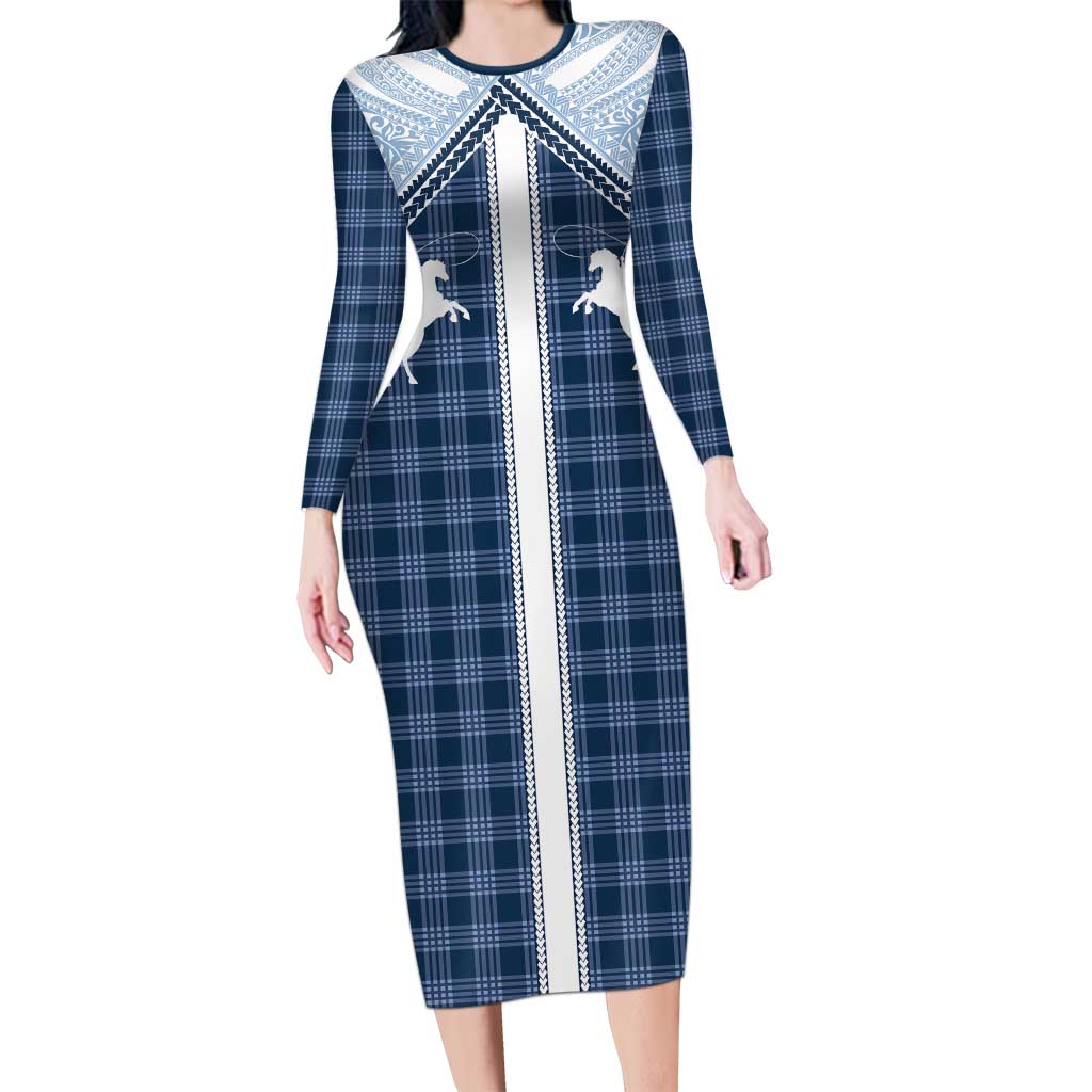 Aloha Hawaii Cowboys Paniolo Long Sleeve Bodycon Dress Navy Blue Palaka LT7 Long Dress Navy - Polynesian Pride