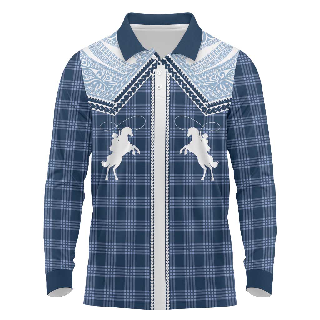 Aloha Hawaii Cowboys Paniolo Long Sleeve Polo Shirt Navy Blue Palaka LT7 Navy - Polynesian Pride