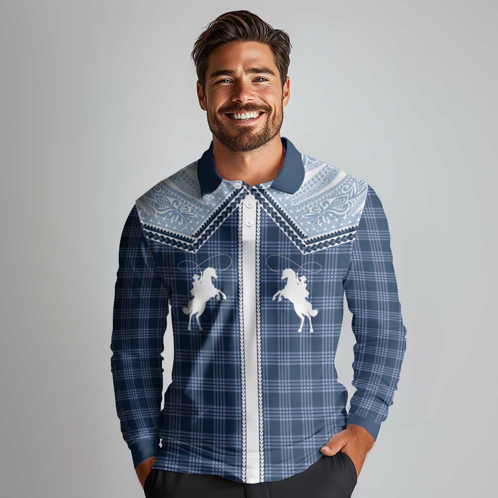 Aloha Hawaii Cowboys Paniolo Long Sleeve Polo Shirt Navy Blue Palaka LT7 - Polynesian Pride