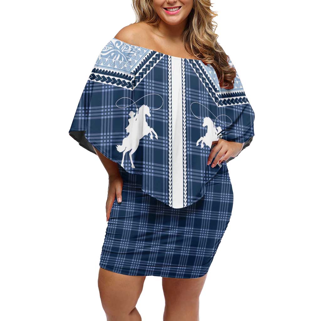 Aloha Hawaii Cowboys Paniolo Off Shoulder Short Dress Navy Blue Palaka LT7 Women Navy - Polynesian Pride