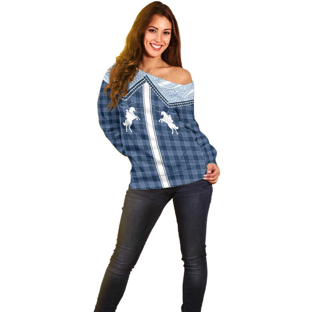 Aloha Hawaii Cowboys Paniolo Off Shoulder Sweater Navy Blue Palaka LT7 - Polynesian Pride