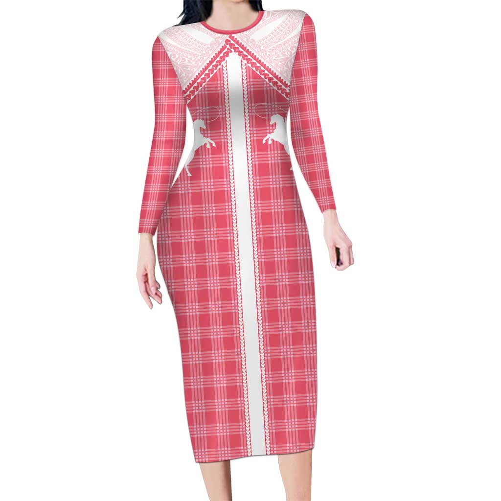 Aloha Hawaii Cowboys Paniolo Long Sleeve Bodycon Dress Rose Palaka LT7 Long Dress Pink - Polynesian Pride