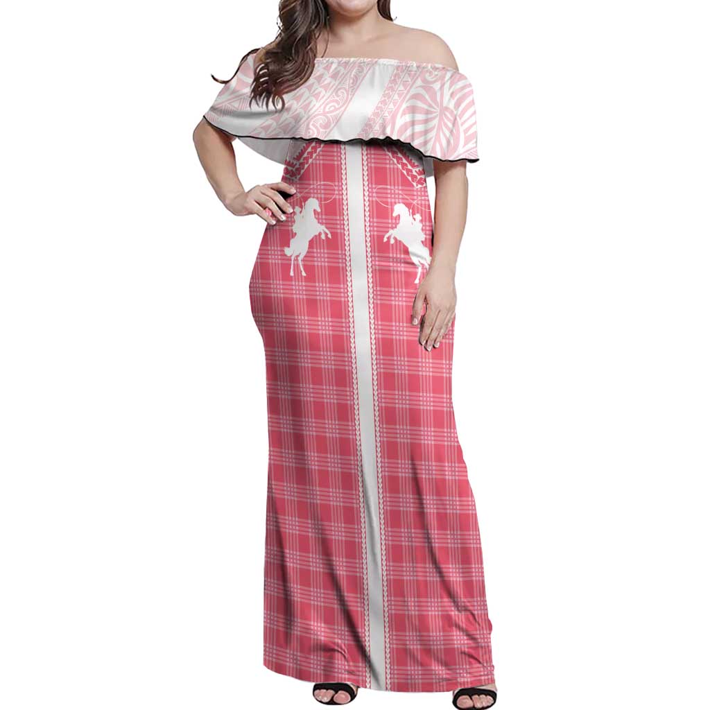 Aloha Hawaii Cowboys Paniolo Off Shoulder Maxi Dress Rose Palaka LT7 Women Pink - Polynesian Pride