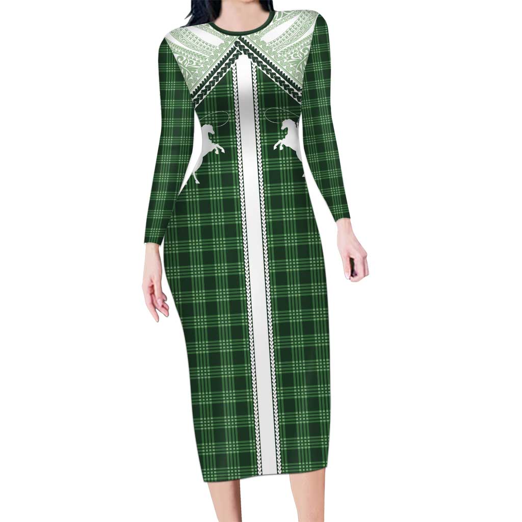 Aloha Hawaii Cowboys Paniolo Long Sleeve Bodycon Dress Forest Green Palaka LT7 Long Dress Dark Green - Polynesian Pride