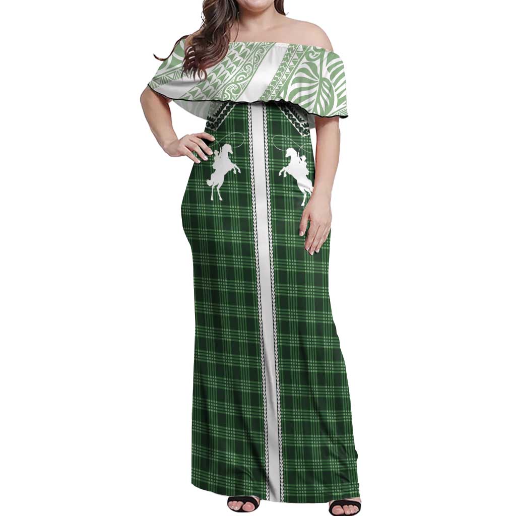 Aloha Hawaii Cowboys Paniolo Off Shoulder Maxi Dress Forest Green Palaka LT7 Women Dark Green - Polynesian Pride