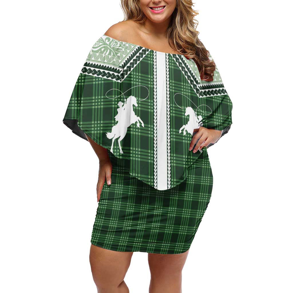 Aloha Hawaii Cowboys Paniolo Off Shoulder Short Dress Forest Green Palaka LT7 Women Dark Green - Polynesian Pride