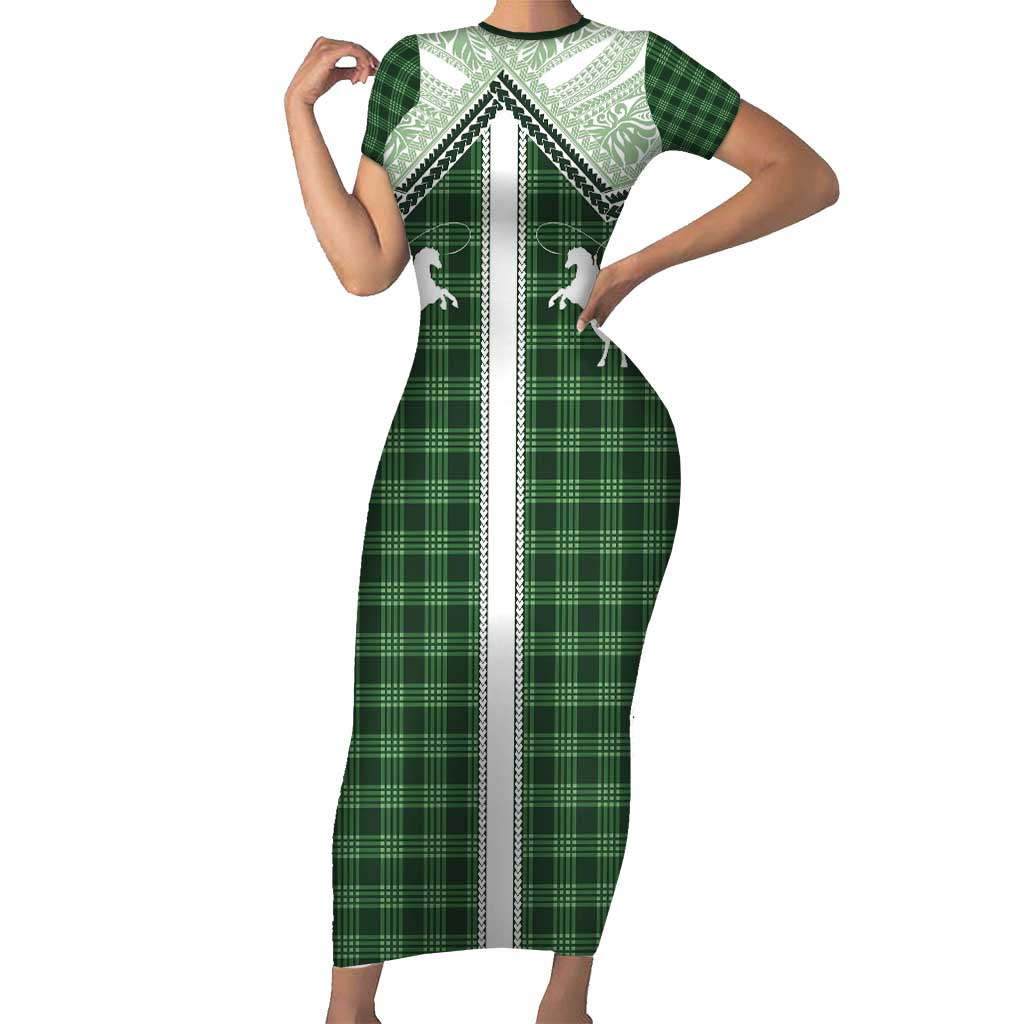 Aloha Hawaii Cowboys Paniolo Short Sleeve Bodycon Dress Forest Green Palaka LT7 Long Dress Dark Green - Polynesian Pride