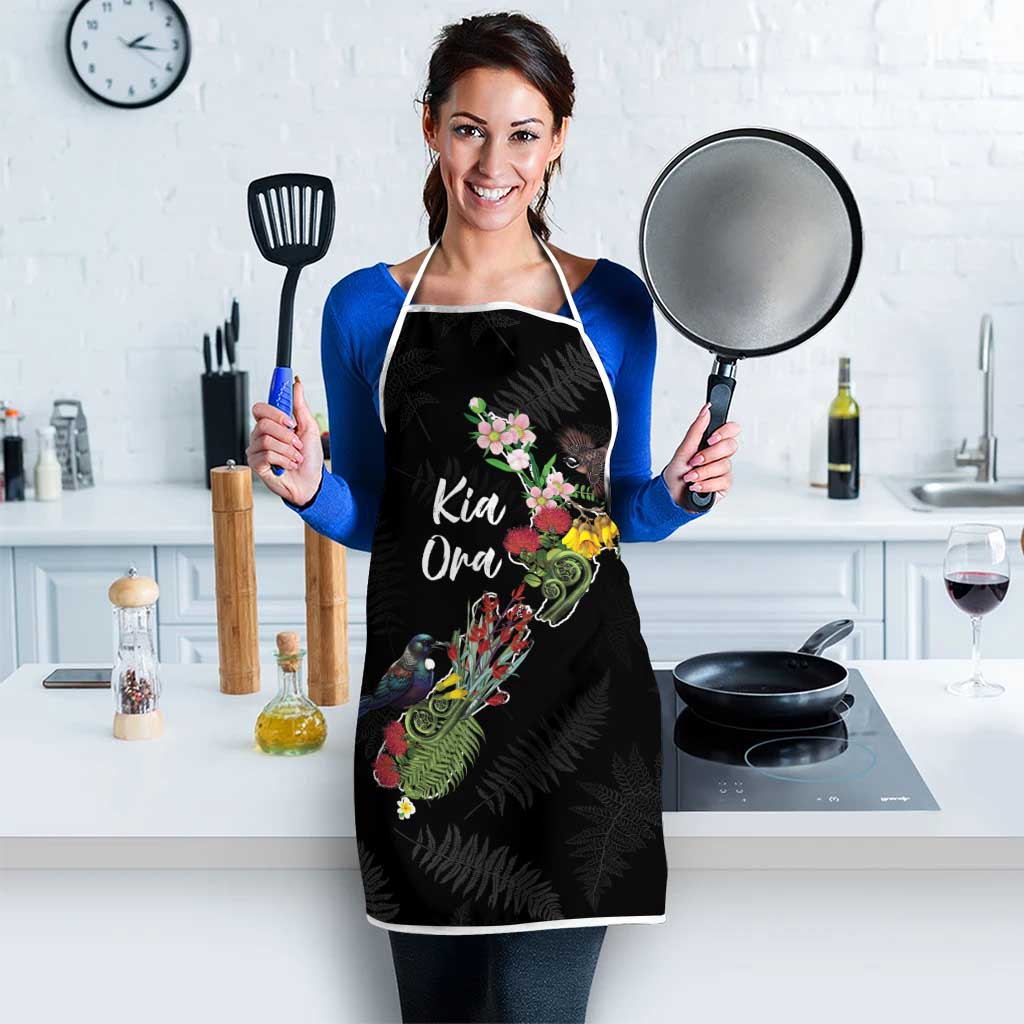Kia Ora New Zealand Floral Apron Black LT7 - Polynesian Pride