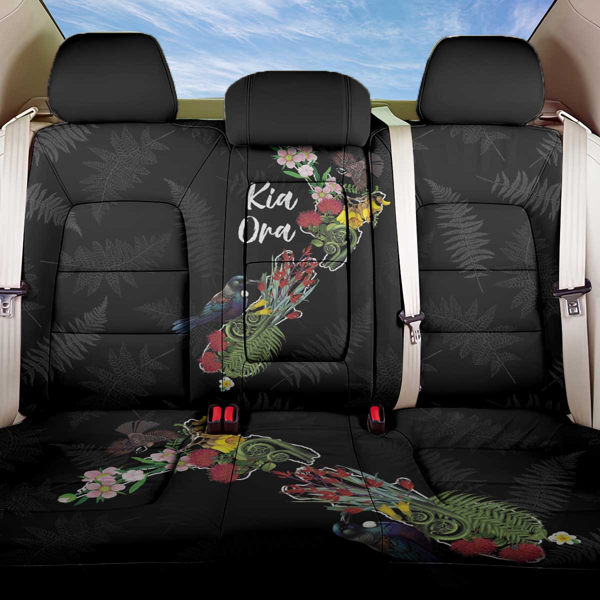 Kia Ora New Zealand Floral Back Car Seat Cover Black LT7 One Size Black - Polynesian Pride