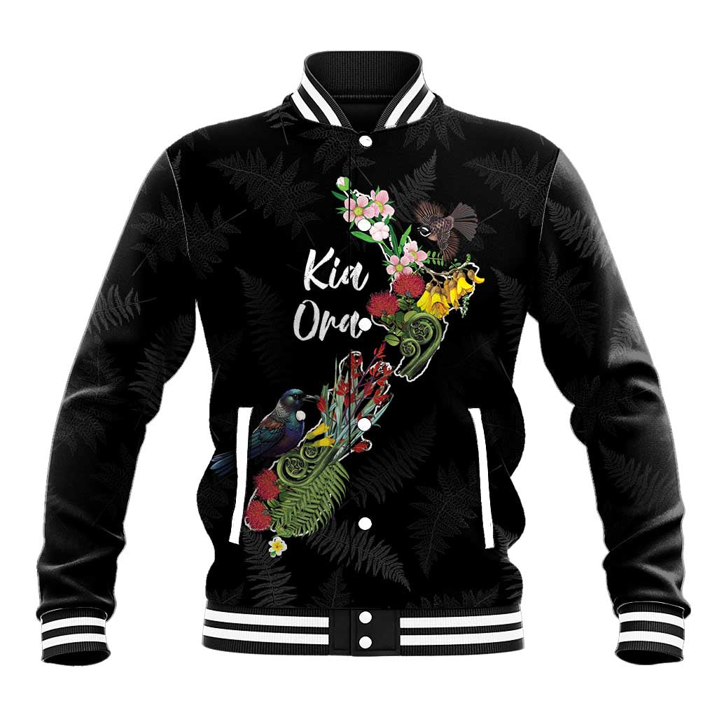 Kia Ora New Zealand Floral Personalized Baseball Jacket Black LT7 Unisex Black - Polynesian Pride