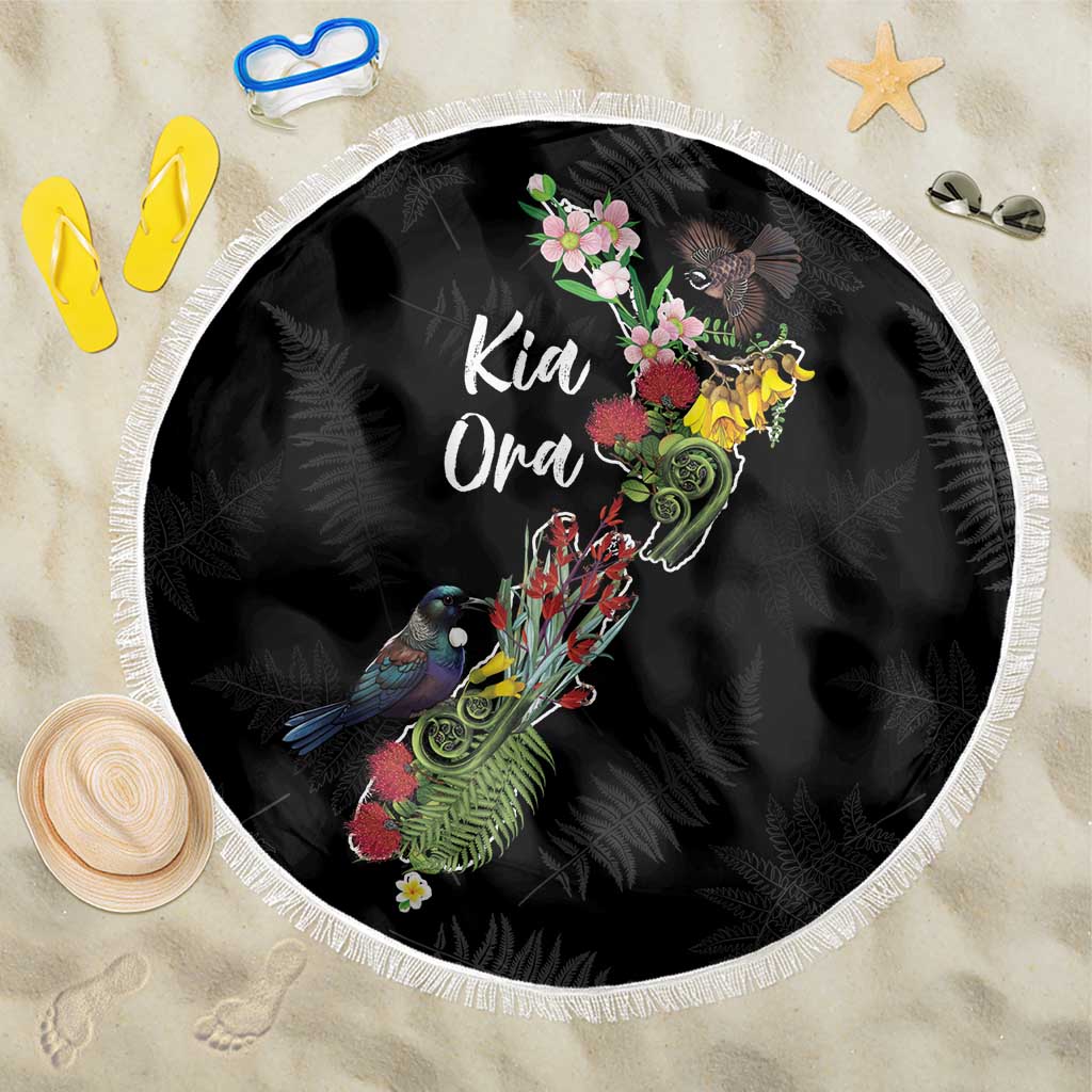Kia Ora New Zealand Floral Beach Blanket Black LT7 One Size 150cm Black - Polynesian Pride
