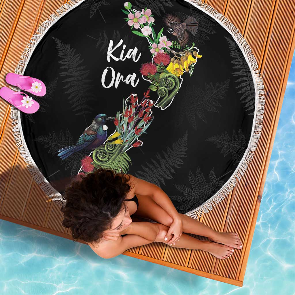 Kia Ora New Zealand Floral Beach Blanket Black LT7 - Polynesian Pride