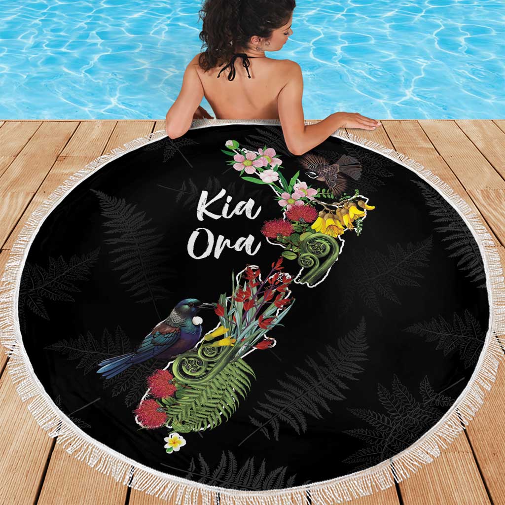 Kia Ora New Zealand Floral Beach Blanket Black LT7 - Polynesian Pride