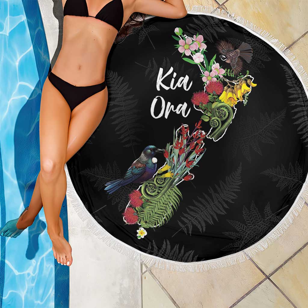 Kia Ora New Zealand Floral Beach Blanket Black LT7 - Polynesian Pride