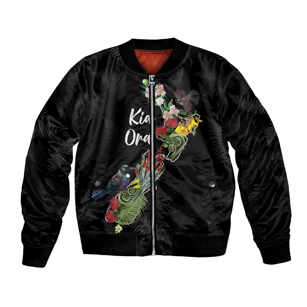 Kia Ora New Zealand Floral Personalized Bomber Jacket Black LT7 Unisex Black - Polynesian Pride