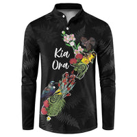Kia Ora New Zealand Floral Personalized Button Sweatshirt Black LT7 Black - Polynesian Pride