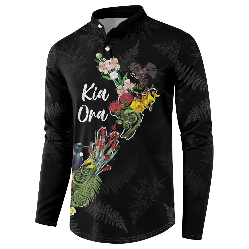Kia Ora New Zealand Floral Personalized Button Sweatshirt Black LT7 - Polynesian Pride