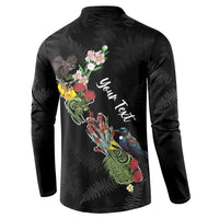 Kia Ora New Zealand Floral Personalized Button Sweatshirt Black LT7 - Polynesian Pride