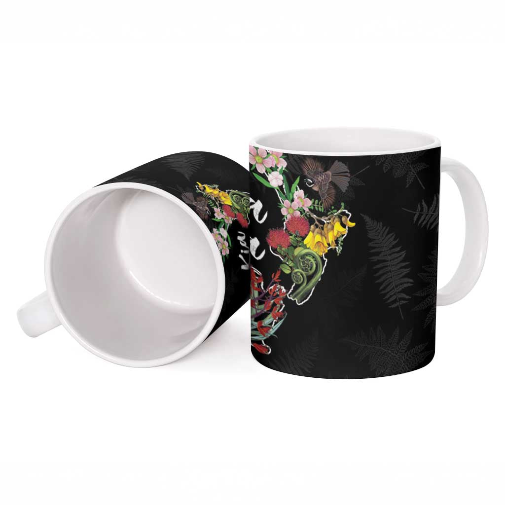 Kia Ora New Zealand Floral Ceramic Mug Black LT7 - Polynesian Pride