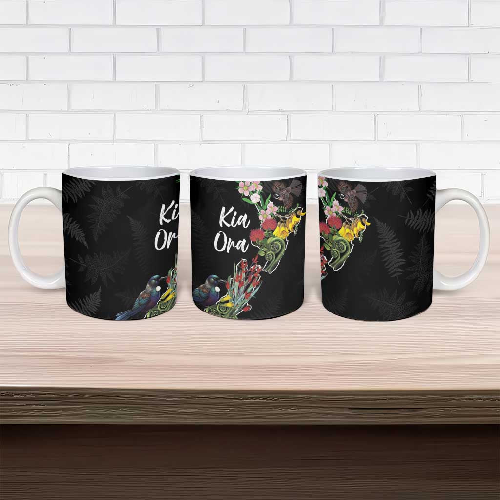 Kia Ora New Zealand Floral Ceramic Mug Black LT7 - Polynesian Pride