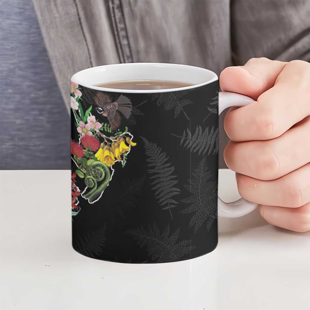 Kia Ora New Zealand Floral Ceramic Mug Black LT7 - Polynesian Pride