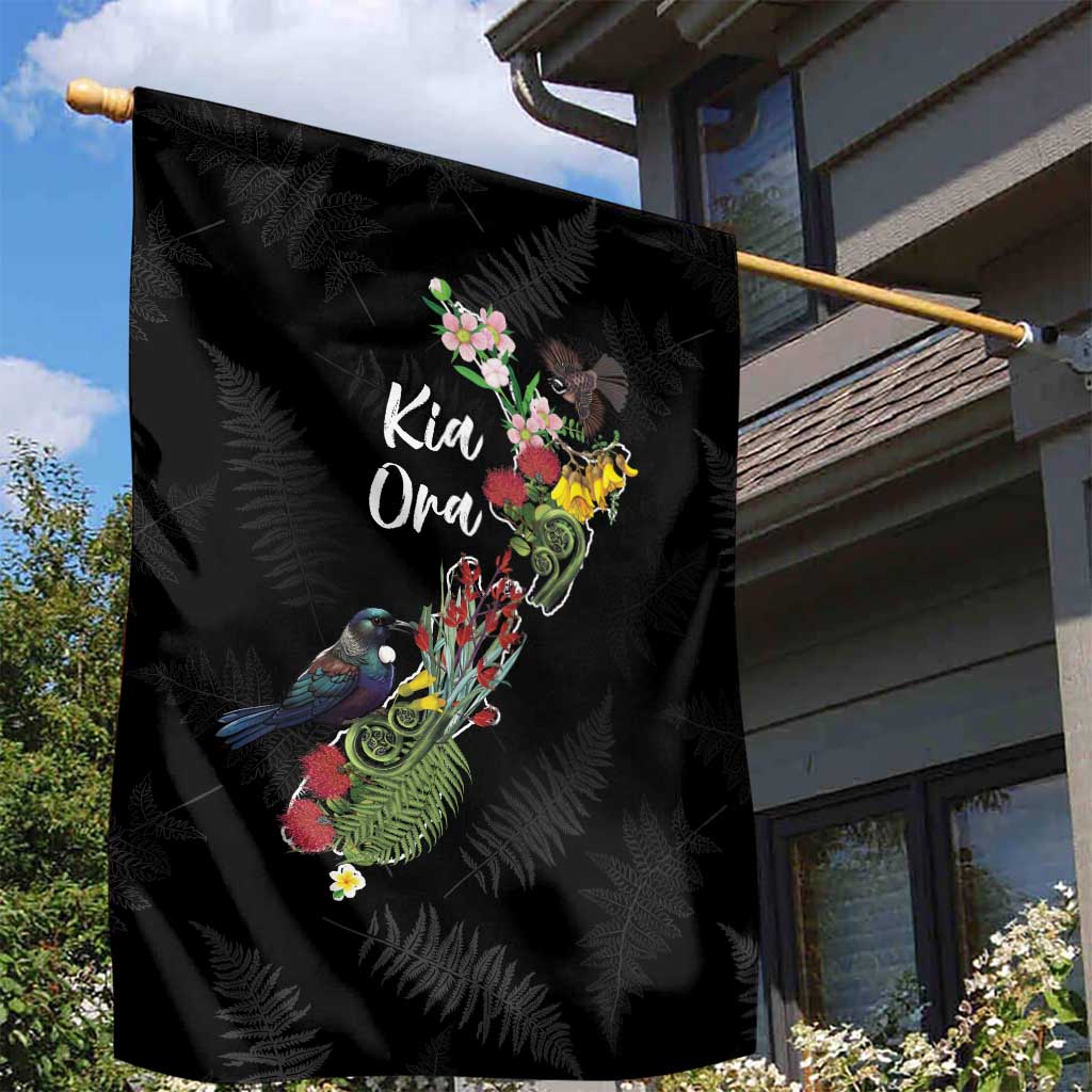 Kia Ora New Zealand Floral Garden Flag Black LT7 - Polynesian Pride