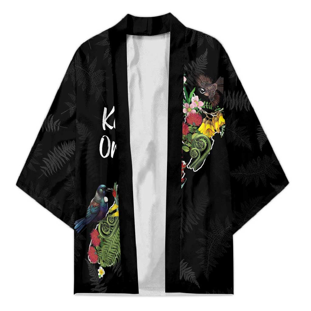 Kia Ora New Zealand Floral Personalized Kimono Black LT7 Unisex Black - Polynesian Pride