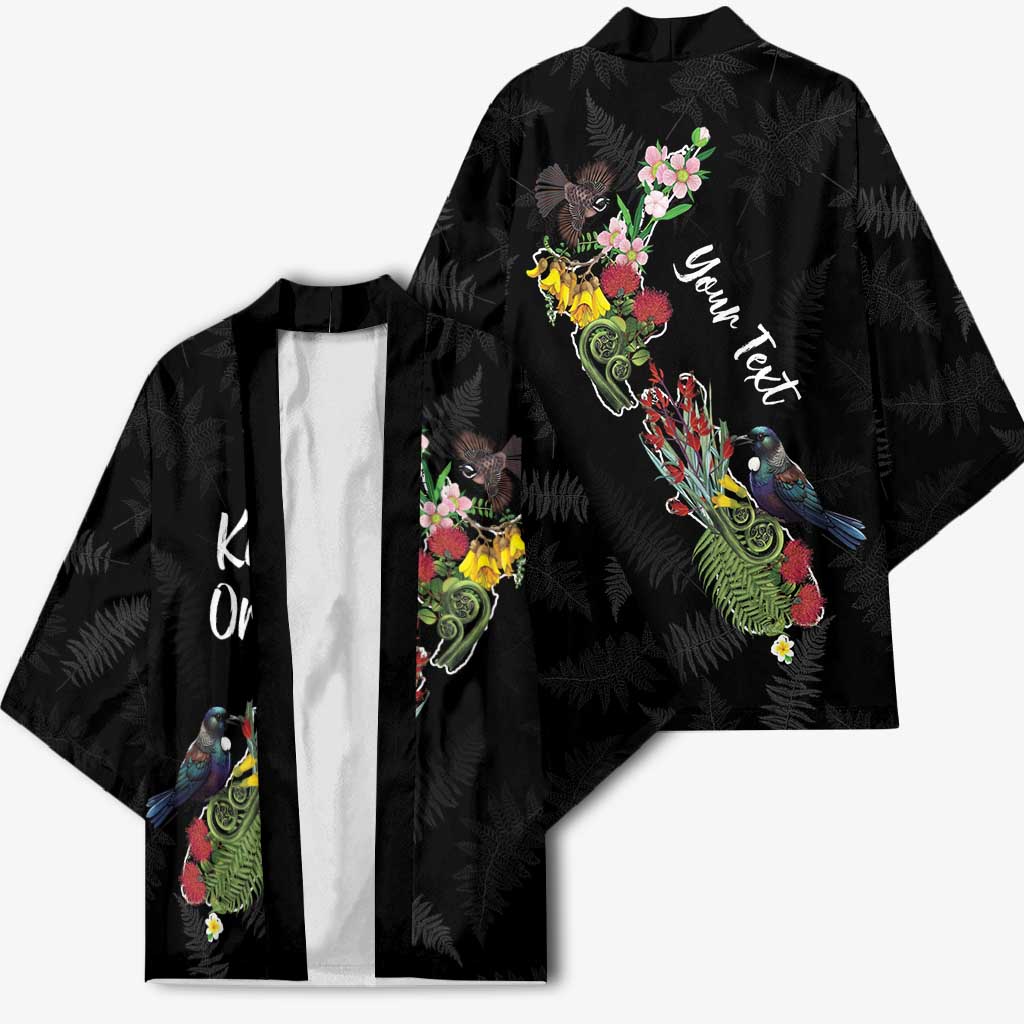 Kia Ora New Zealand Floral Personalized Kimono Black LT7 - Polynesian Pride