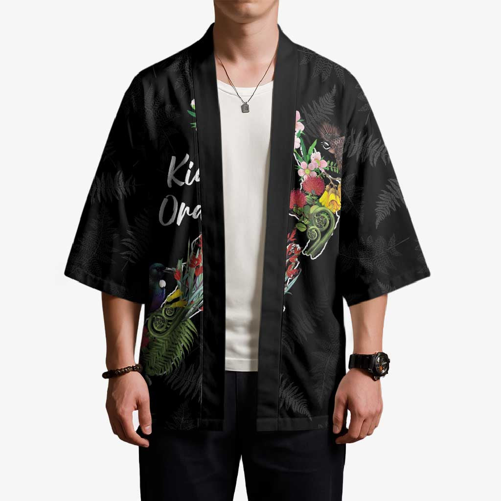 Kia Ora New Zealand Floral Personalized Kimono Black LT7 - Polynesian Pride
