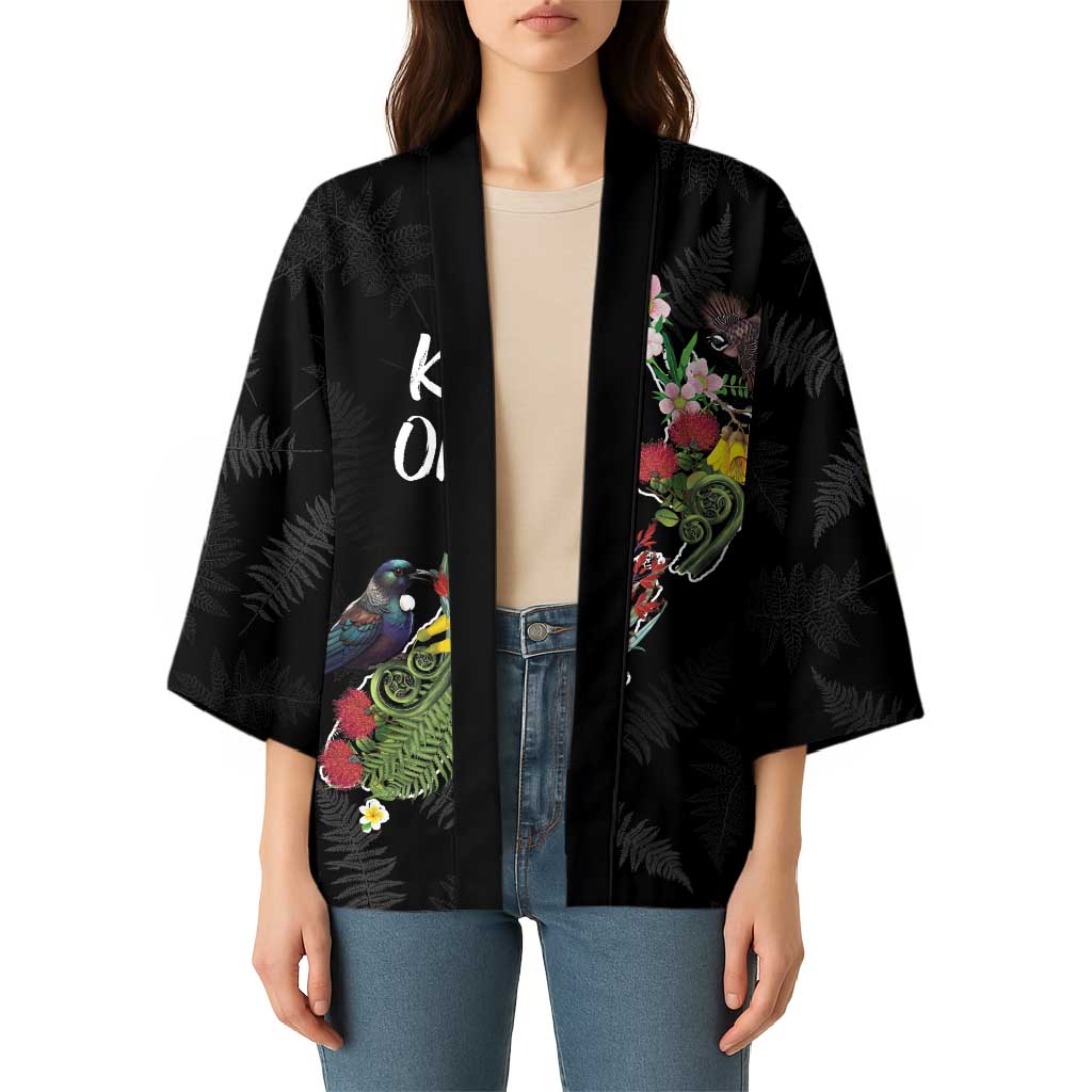 Kia Ora New Zealand Floral Personalized Kimono Black LT7 - Polynesian Pride